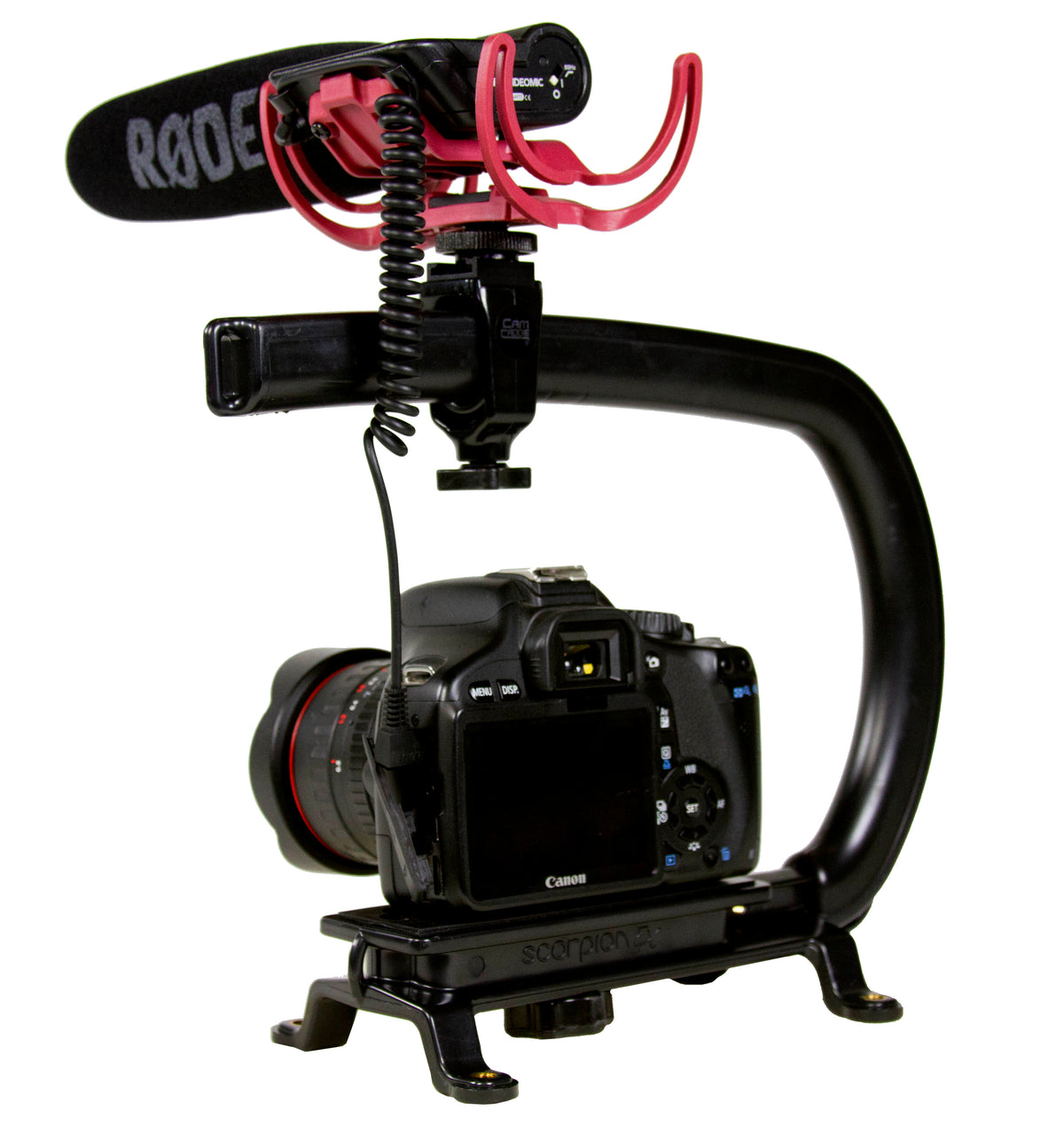 RODE VideoMic-R Shotgun Microphone with Rycote Lyre Mount - Cam Caddie - The Original Universal Stabilizing Camera Handle