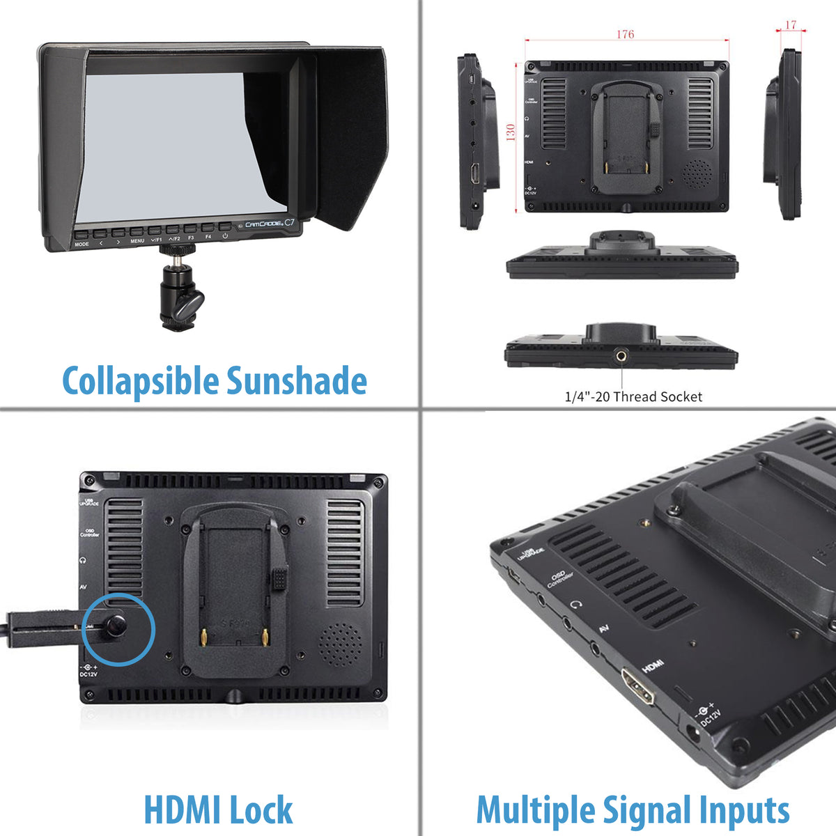 Cam Caddie C7 7&quot; 1280 x 800 HD IPS Field Monitor + Canon LP-E6 Battery Plate + EU Compatible Power Supply - Cam Caddie - The Original Universal Stabilizing Camera Handle