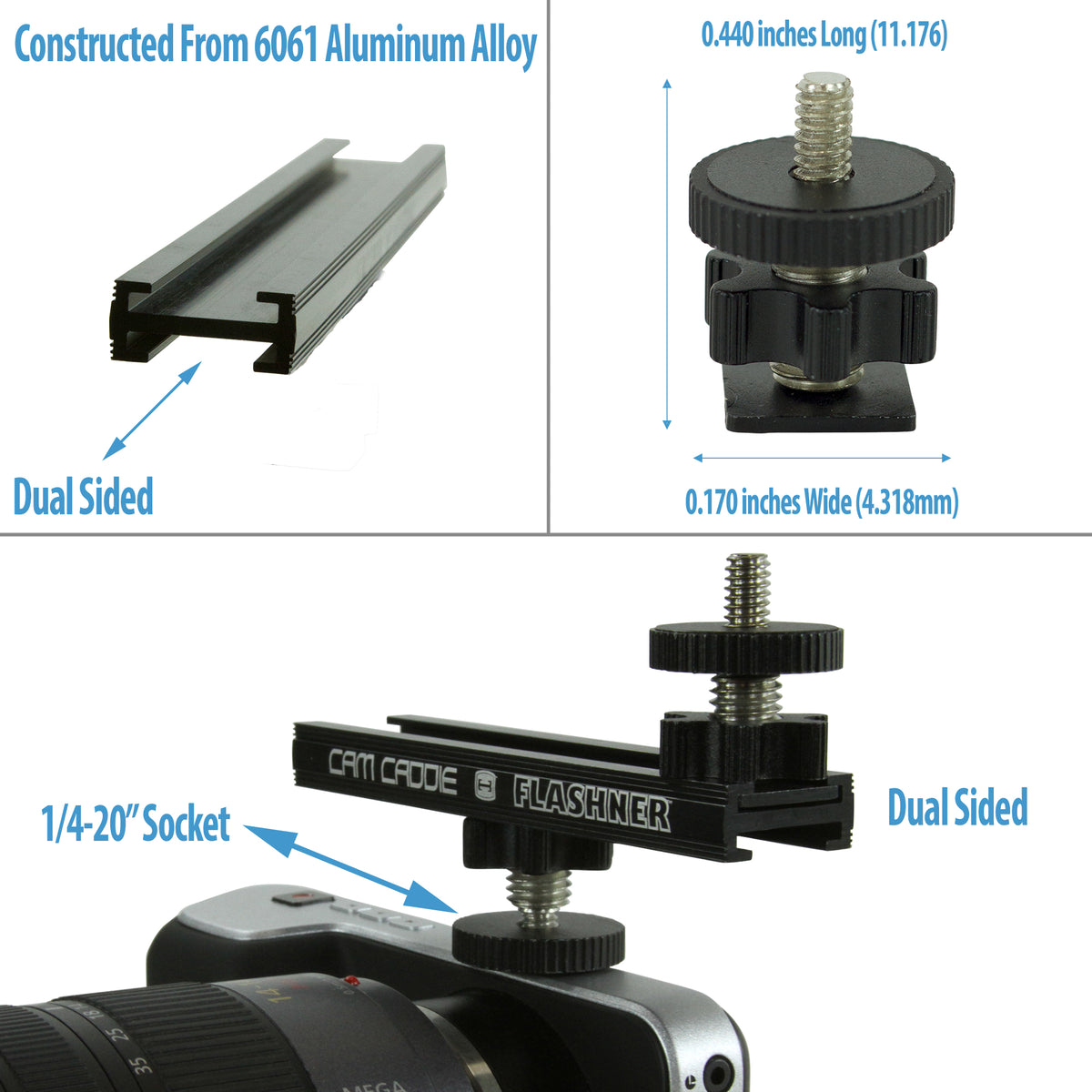 Cam Caddie 6 Inch 1/4”-20 Flashner Kit - Dual Sided Camera Flash Shoe Extension Bracket - Cam Caddie - The Original Universal Stabilizing Camera Handle