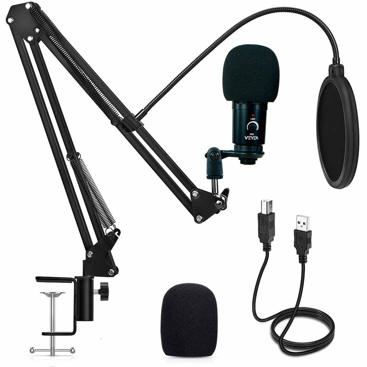 VEYDA USB Condenser Microphone - Professional Grade Plug &amp; Play Desktop Cardioid Condenser Mic with Boom Arm and Shock Mount for Home Studios/Podcast - CamCaddie.com
