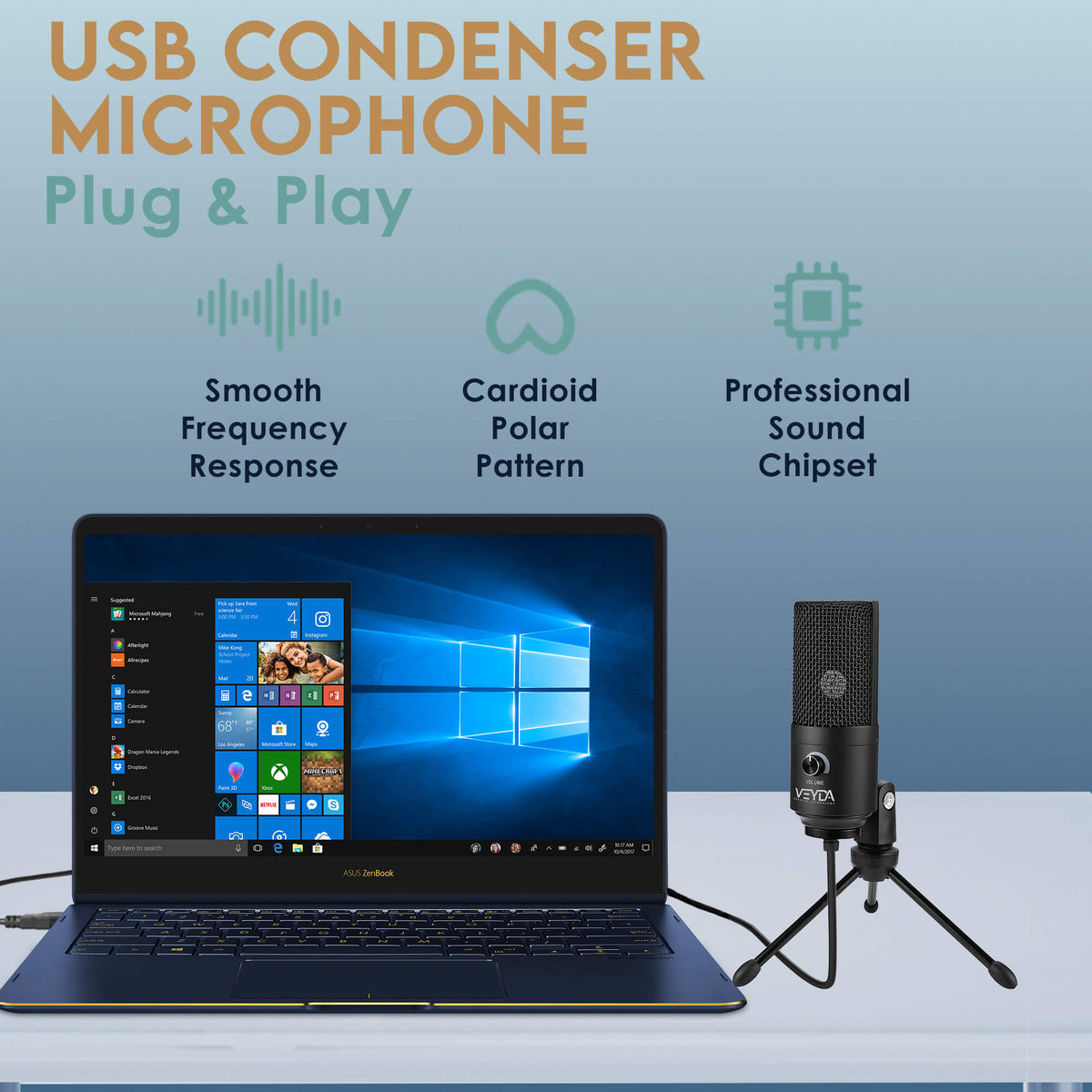 USB MICROPHONE LAPTOP DESKTOP COMPUTER - Professional Grade Plug &amp; Play - VEYDA - VD-CU1-T - CamCaddie.com