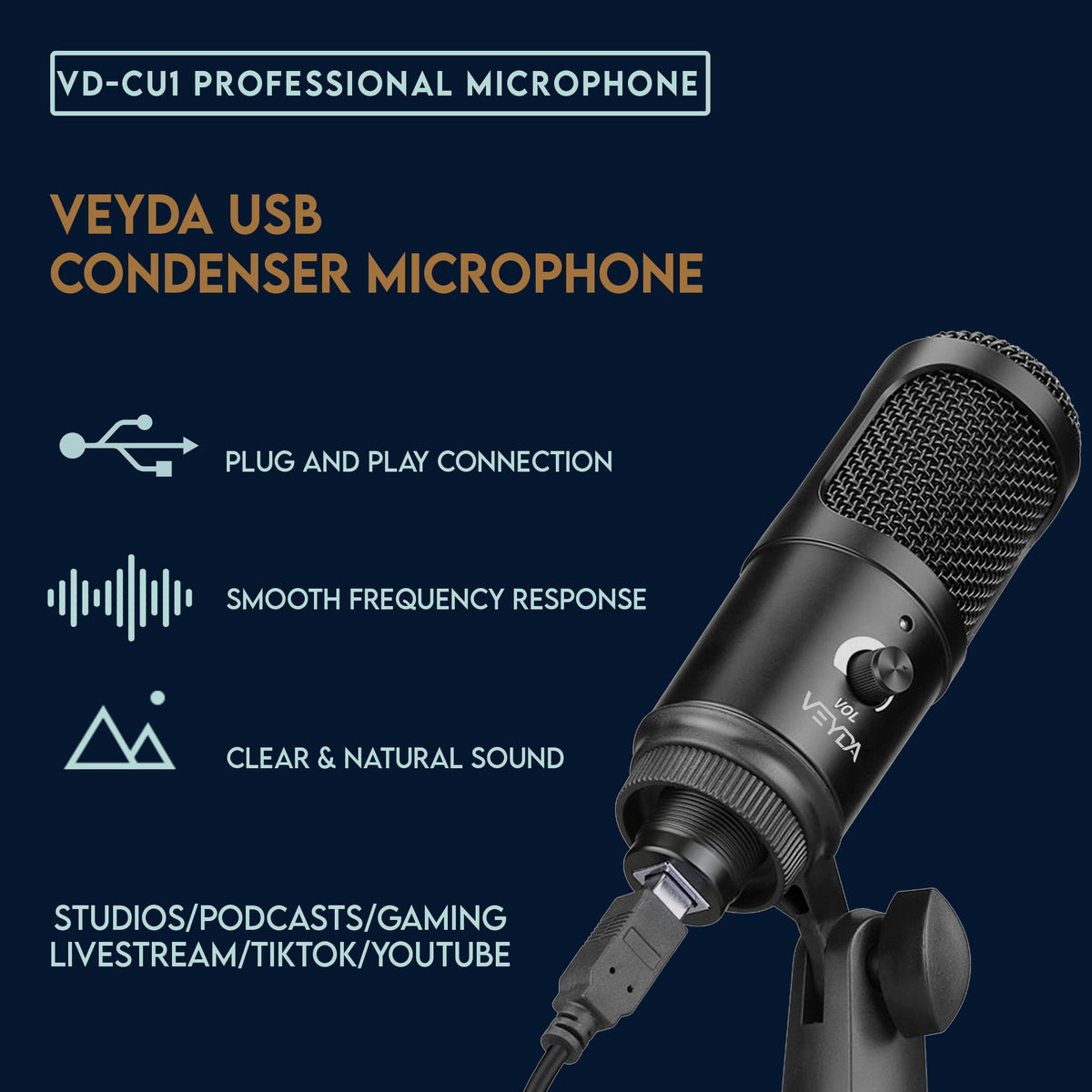 VEYDA USB Condenser Microphone - Professional Grade Plug &amp; Play Desktop Cardioid Condenser Mic with Boom Arm and Shock Mount for Home Studios/Podcast - CamCaddie.com